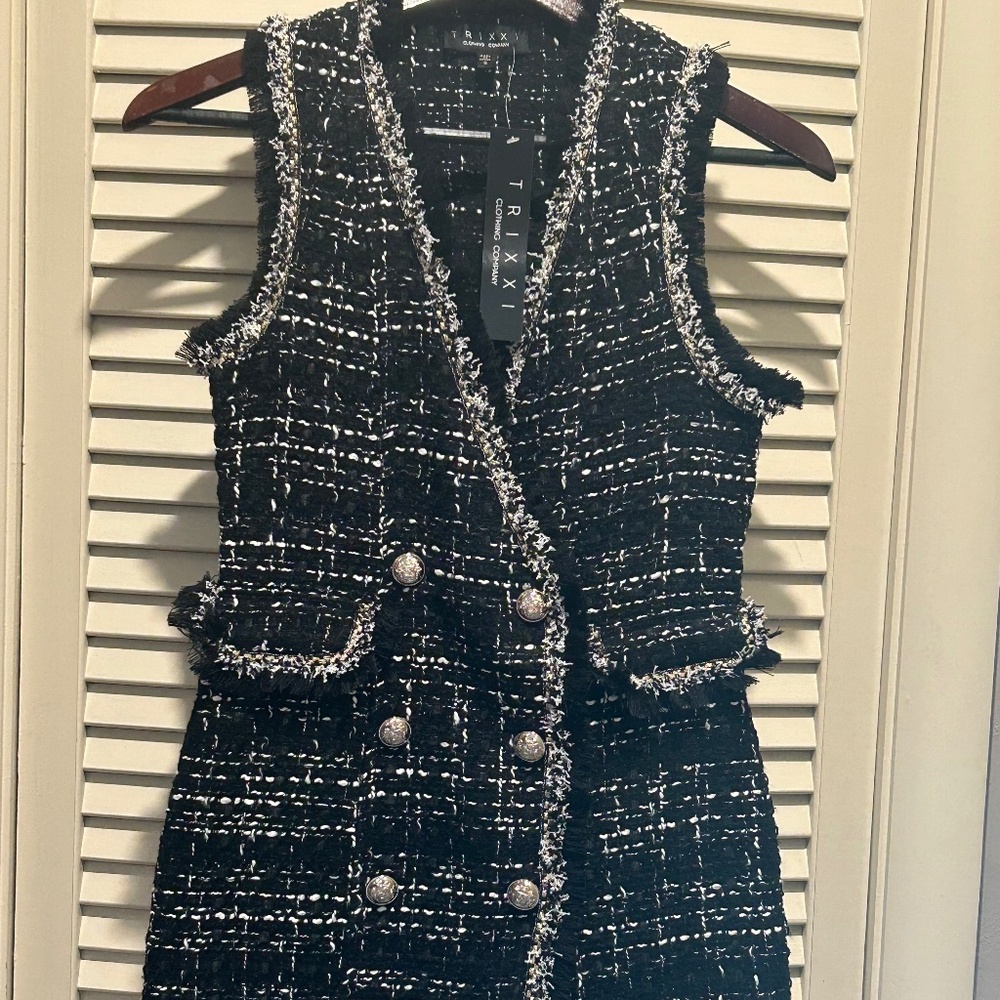 NWT TRIXXI FRINGE-TRIM BOUCLÉ Sleeveless Tweed Dress